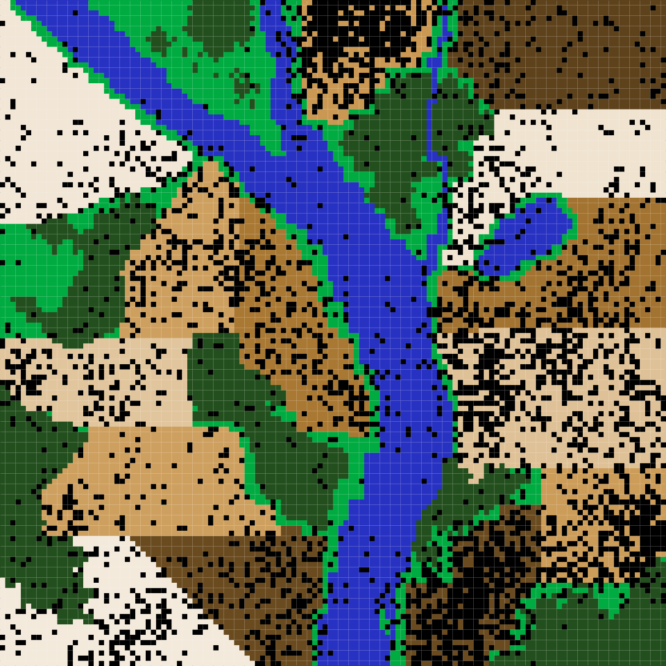 **Figure 7**. *A complex landscape for simulating the ecology of pests and the evolution of pesticide resistance on farmland in the resevol R package. Terrain includes farms (brown colours), grassland (light green), forest (dark green), and water (blue). Black points show the locations of individual pests after 240 time steps for a simulation in which pesticides are not rotated over time.*
