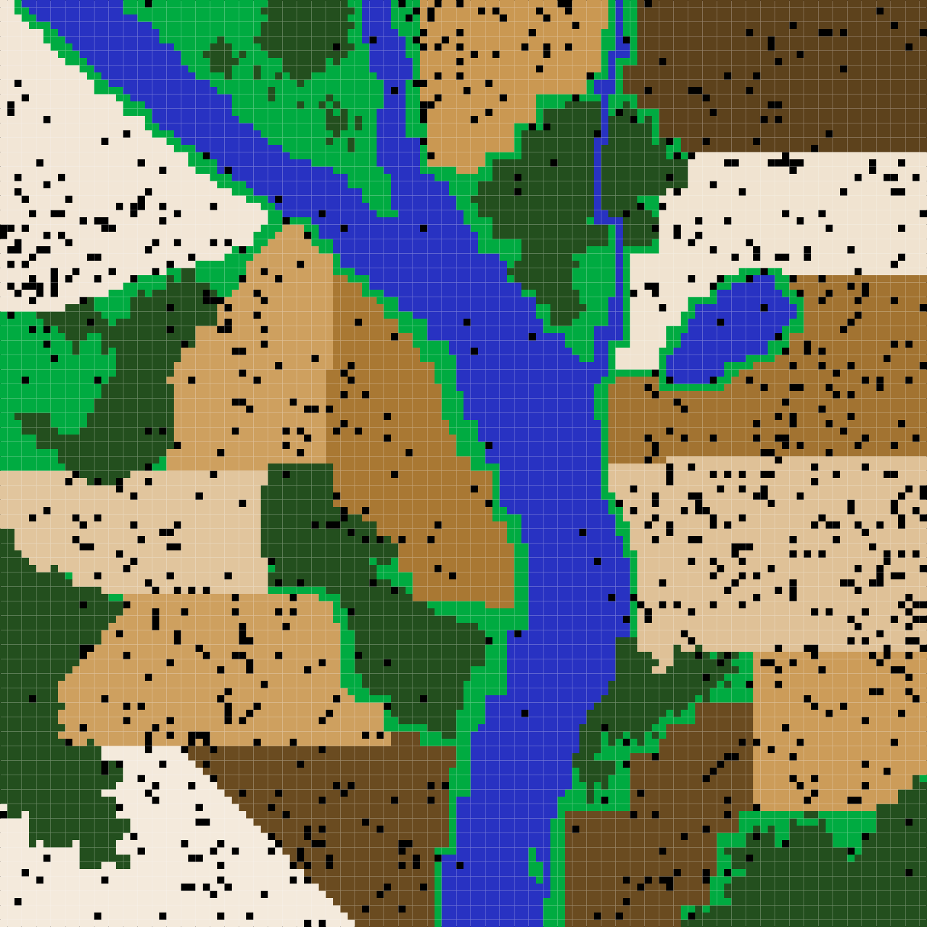 **Figure 11**. *A complex landscape for simulating the ecology of pests and the evolution of pesticide resistance on farmland in the resevol R package. Terrain includes farms (brown colours), grassland (light green), forest (dark green), and water (blue). Black points show the locations of individual pests after 240 time steps for a simulation in which pesticides are not rotated over time.*