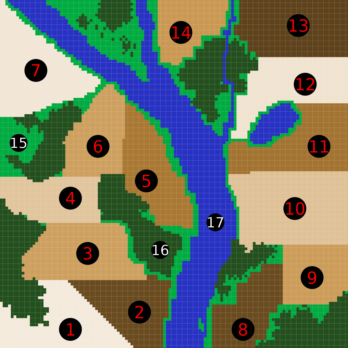 **Figure 3**. *A complex landscape to be used in the resevol R package, including 14 separate farms, grassland, forest, and water. The image is represented in the code by a matrix in which element numbers correspond to different terrain colours (e.g., elements corresponding to water are numbered 17).*