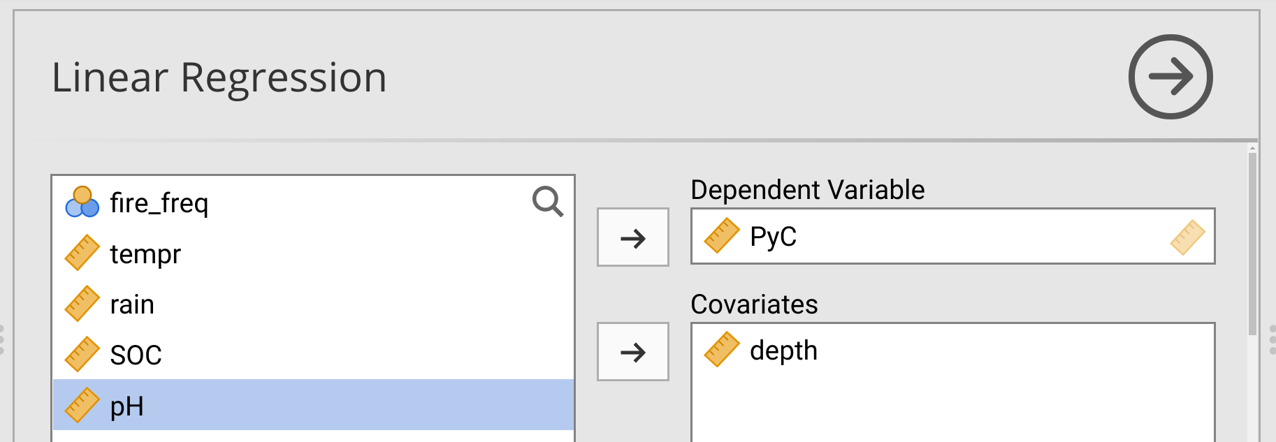 Jamovi interface for a linear regression is shown with 'PyC' placed in a Dependent Variable box and 'depth' in a Covariates box. Other variables are included in a box to the left.