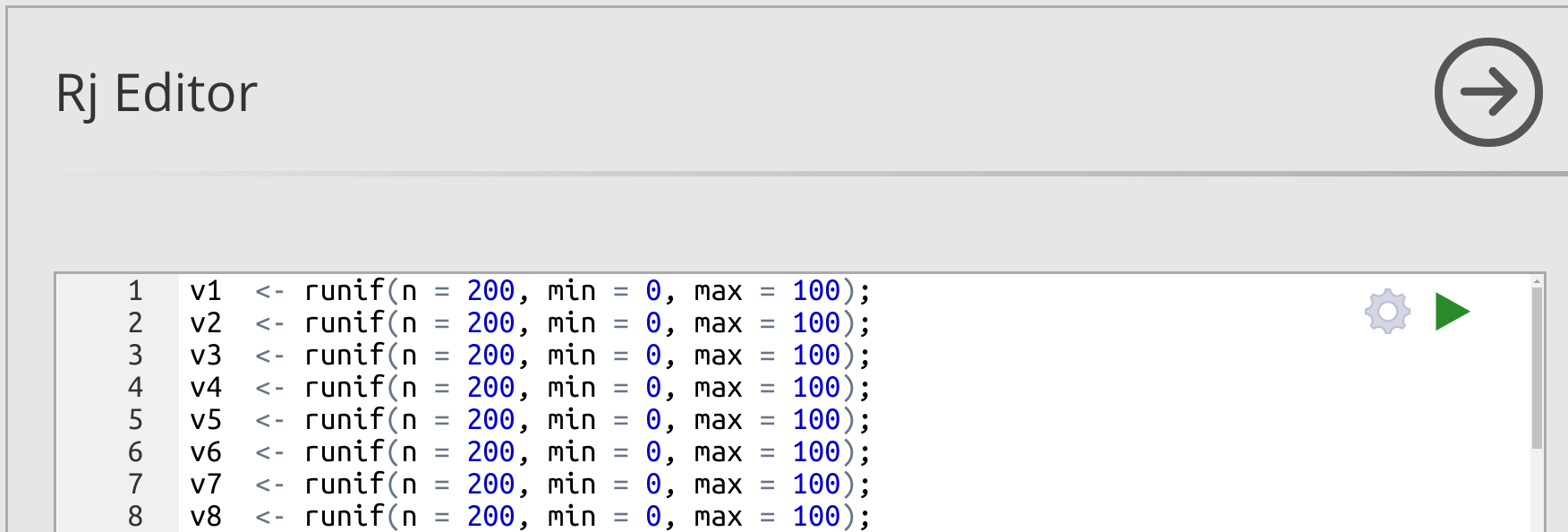 Jamovi window with an R editor open and several lines of code for generating uniform numbers.