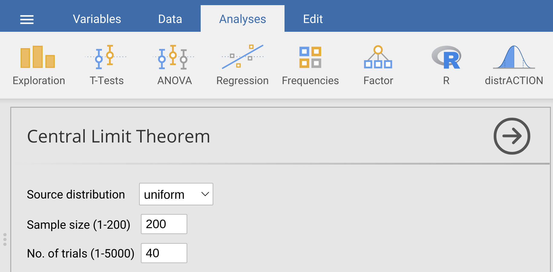 Jamovi window with the central limit theorem (CLT) module open and boxes for changing the distribution, sample size, and trial number.