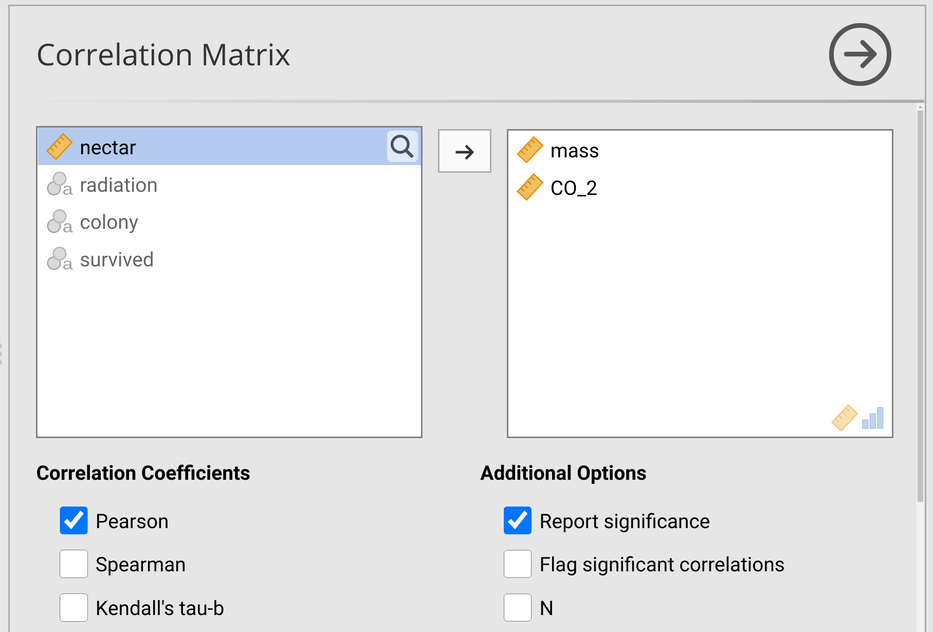 Jamovi interface is shown with a variables called 'mass' and 'CO_2' placed in a box to the right and a checkbox for 'Pearson' selected