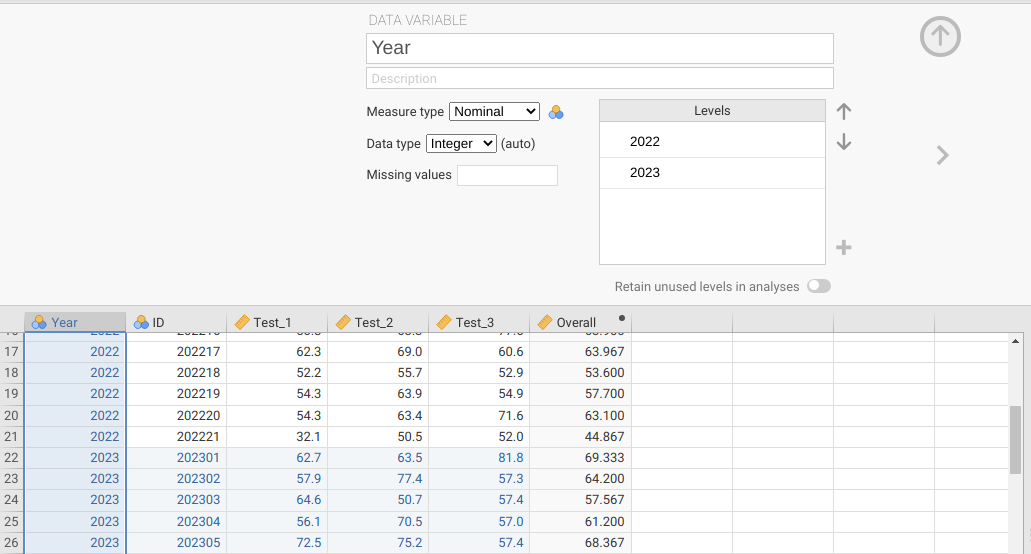 Jamovi interface is shown with a top panel in which a Data Variable called 'Year' is being inserted, below which data are shown, including the new column with 2022 and 2023 years