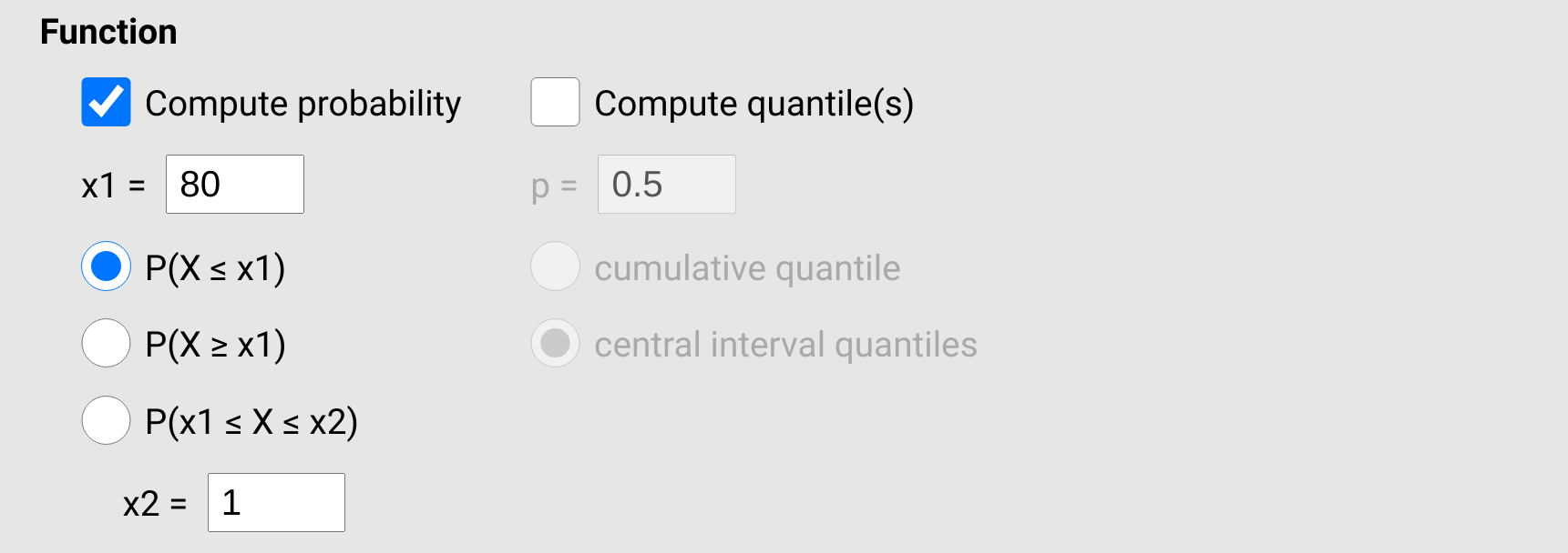 Jamovi options for a module that calculates probabilities associated with a normal distribution, with computing probability checkboxes and radio buttons selected