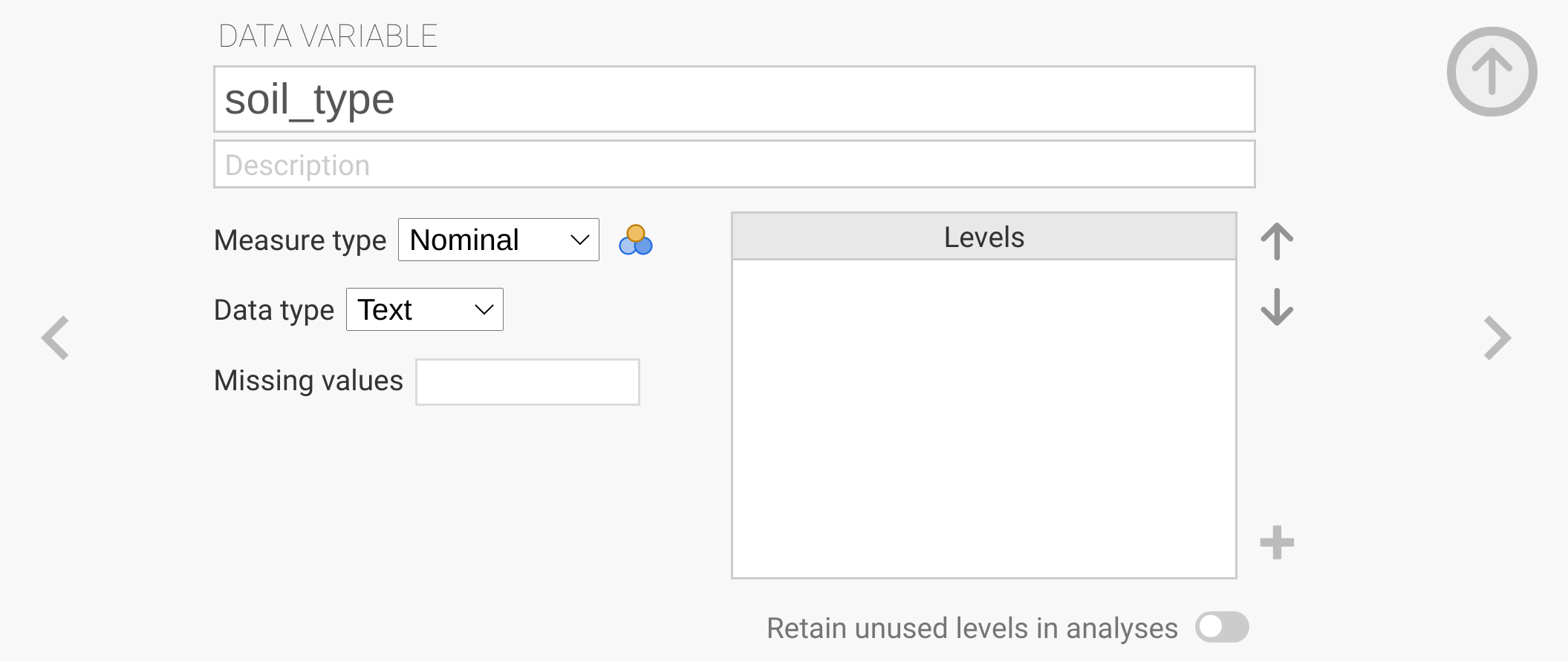 The jamovi toolbar is shown with a box open to insert a new variable. The 'Data Variable' name is 'soil_type', and pulldown boxes indicate that 'Measure type' is set to 'Nominal' and 'Data type' is set to 'Text'. The mouse pointer is hovering over an arrow that says 'Next Variable'.