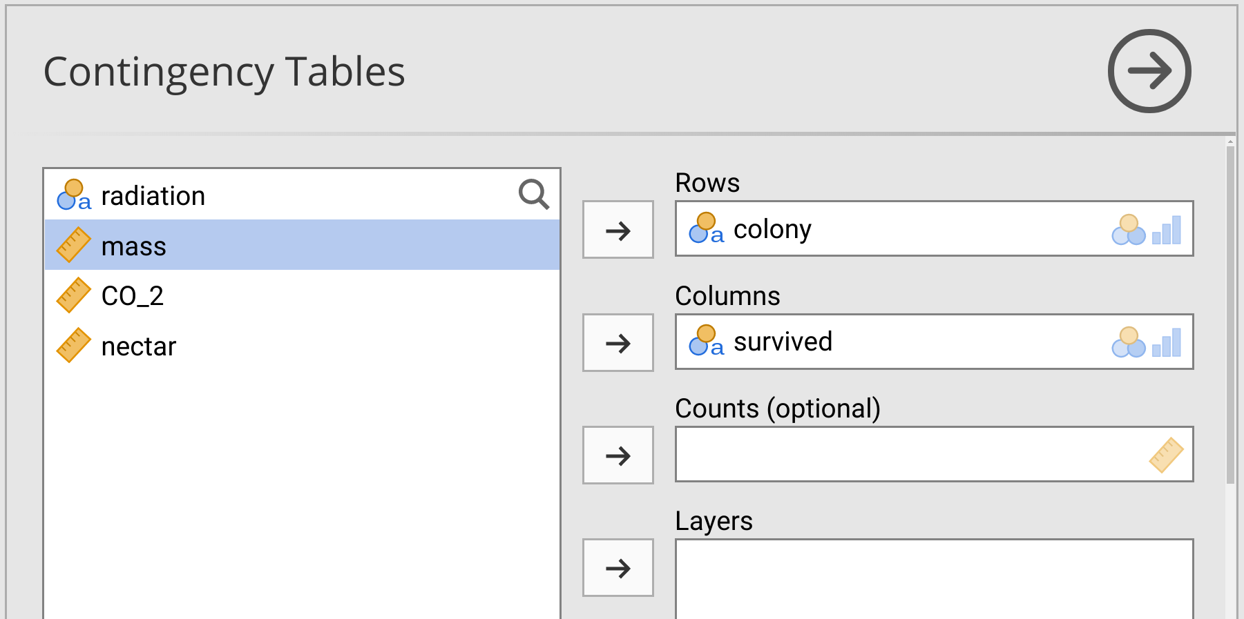 Jamovi interface is shown with boxes of variables to be used for a Chi-square test of association with colony in a 'Rows' box and survived in a 'columns' box.