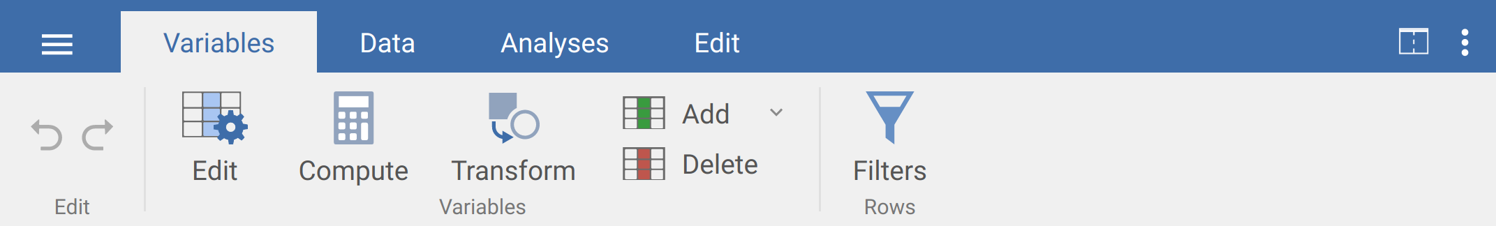 The jamovi toolbar including tabs for opening files represented by three horizontal lines, Variables, Data, Analyses, and Edit.