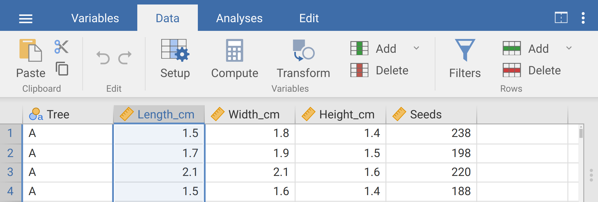 The jamovi toolbar is shown with a tab called 'Data' selected. Underneath the Data tab, there are several buttons, including 'Setup', 'Compute', and 'Transform'. Below these buttons, four columns of data are shown, with the focal column length in cm highlighted.